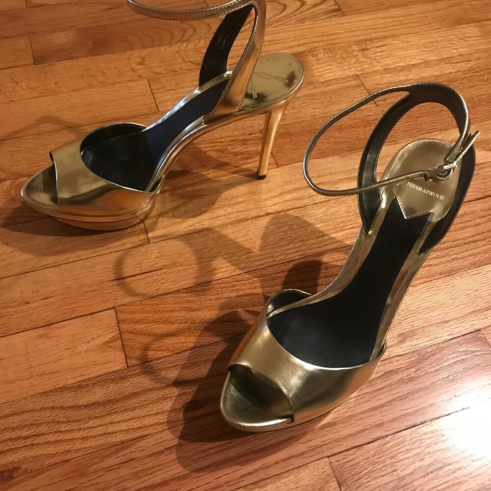 B. Brian Atwood Gold Femme Fatale Strappy Platform Heels